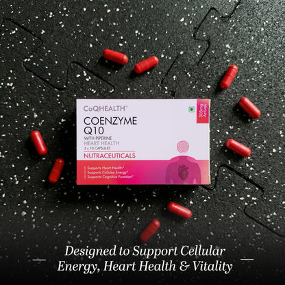 CoQHEALTH 300 mg | Coenzyme Q10 (Ubiquinone) + Piperine Supplement | Supports Cellular Energy, Heart Health & Cognitive Wellness | 30 Capsules | Vegetarian | Excelgenics