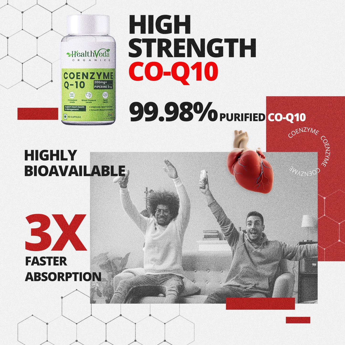 Health Veda Organics Coenzyme Q10 (CoQ10) 200mg with Piperine 95% (Black Pepper Extract) 5mg | Advanced Antioxidant & Heart Health Support with Arjuna, Resveratrol, Garlic, & Plant-Based Nutrients | 60 Vegan Capsules