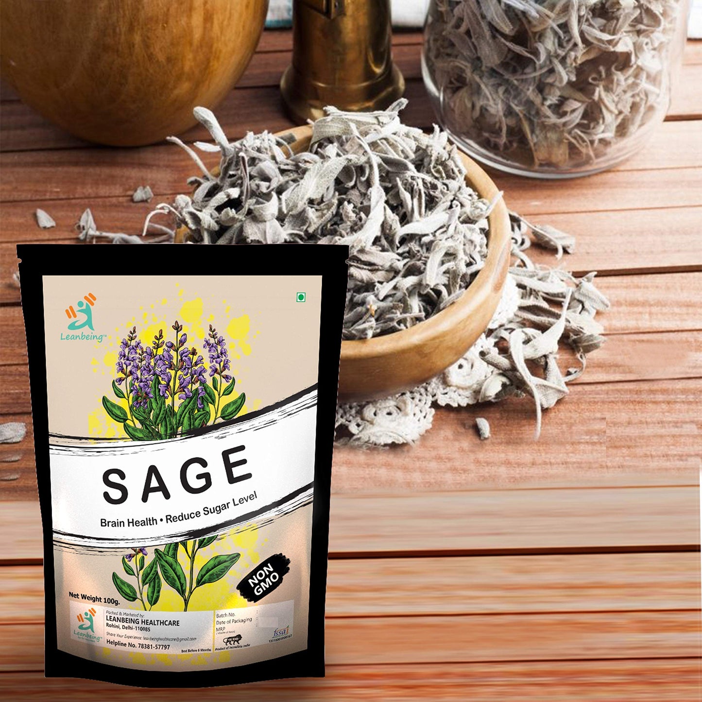Leanbeing Dried Sage Leaves For Tea (whole) | Smudge Smudging | Energy Reiki | Removes Energy Blocks(100Gms)