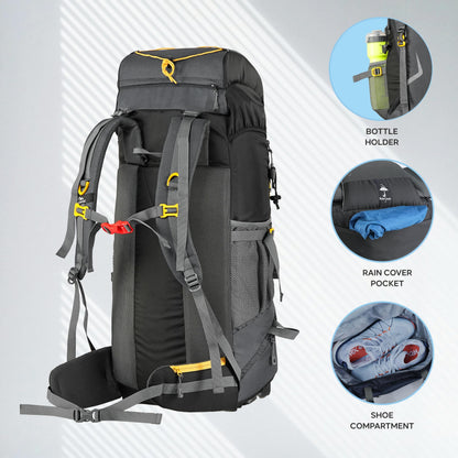 TRAWOC DYNAMITE 65L Travel Backpack for Hiking Trekking Bag Camping Rucksack for Men & Women with Rain Cover/Shoe Compartment MHK002, 3 Year Warranty, Grey