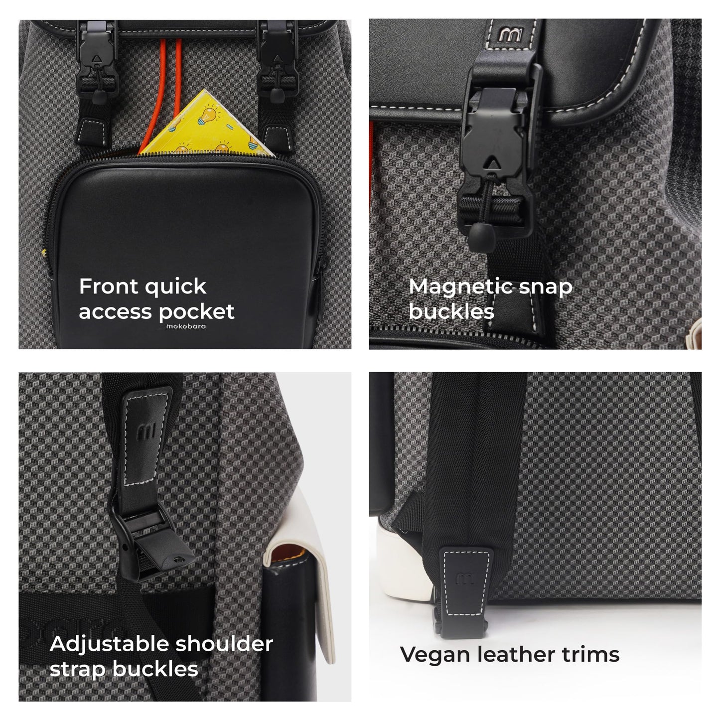 MOKOBARA Teriyaki 4 Compartment Backpack | 15.6 Inch Laptop Compartment, 19.5L Capacity | Signature Coated Canvas & Vegan Leather Trims, Water-Resistant, Lightweight | Padded Back Panel (Black Sesame)