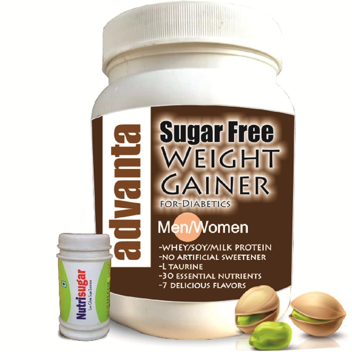 Advanta Sugar Free Weight Gainer Protein for Diabetics 1 kg (Elaichi Pista) + Nutrisugar 75 gm Powder