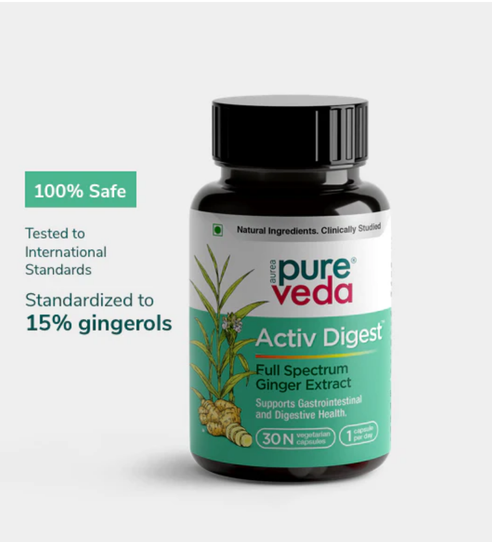 Pureveda Activ Digest - Full Spectrum Ginger Extract Capsule - Natural Digestion Supplement - Improve Gastrointestinal Health - 30 Veg Capsules