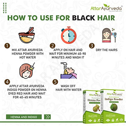 Attar Ayurveda Natural Dye for Black Hair (Henna Leaves powder, Indigo leaves powder combo pack) (200 grams each) - Shahi Feast