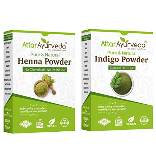 Attar Ayurveda Natural Dye for Black Hair (Henna Leaves powder, Indigo leaves powder combo pack) (200 grams each)