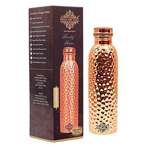 Indian Art Villa Pure Copper Leak Proof Bottle with Hammered Shine Finish Design, Ayurvedic Health Benefits, Volume - 750 ml - Shahi Feast