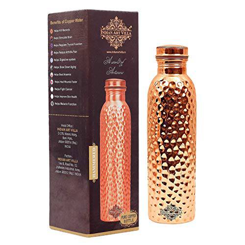 Indian Art Villa Pure Copper Leak Proof Bottle with Hammered Shine Finish Design, Ayurvedic Health Benefits, Volume - 750 ml