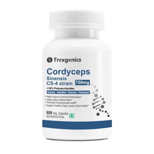 Trexgenics Cordyceps 10% Polysaccharides 750mg Immunity, Cardiovascular, Exercise performance Vegan & Non-Gmo (60 Veg Capsules)