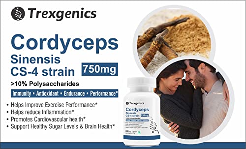 Trexgenics Cordyceps 10% Polysaccharides 750mg Immunity, Cardiovascular, Exercise performance Vegan & Non-Gmo (60 Veg Capsules) - Shahi Feast