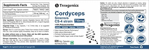 Trexgenics Cordyceps 10% Polysaccharides 750mg Immunity, Cardiovascular, Exercise performance Vegan & Non-Gmo (60 Veg Capsules) - Shahi Feast