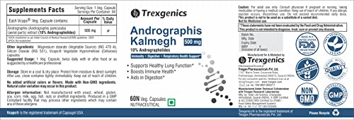 Trexgenics Kalmegh (Andrographis) 10% Andrographolides 500mg Lungs, Respiratory Health, Immunity & Digestive Health (60 Veg Capsules) - Shahi Feast