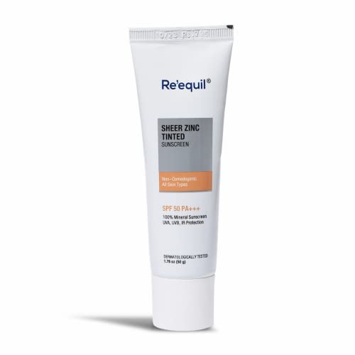 RE' EQUIL Sheer Zinc Tinted Sunscreen, 100% Mineral-Based Sunscreen UVA, UBV, & IR Protection, Wateresistant With SPF 50 PA+++ For All Skin Types, 50g