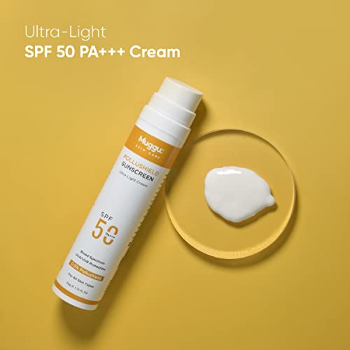 Muggu Skincare Pollushield SPF 50 PA+++ Sunscreen with 0.5% Pollushield | UVA/UVB Sun Protection | Uight Weight Matte Sunscreen for Men & Women - 50gm