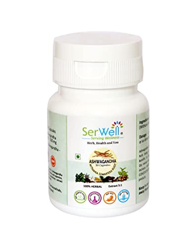 SerWell Pure Herbal Ashwagandha Extract 5:1 | 500Mg | 30 Vegetarian Capsules | Pack Of 1 | White