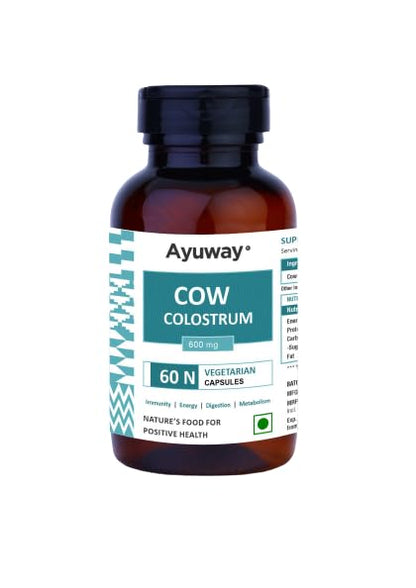 AYUWAY Supplements COW Colostrum Supplement, 600 mg, Offers Immune Support and Promotes Gut Health, on Levels, Growth and Repair, Non-GMO, 60 Capsules