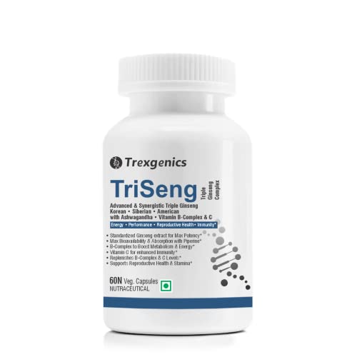 Trexgenics TriSeng Advanced Triple Ginseng B-Complex with Bioavailability enhancer Piperine & Vit.C for Energy & Immunity (60 Veg Capsules)