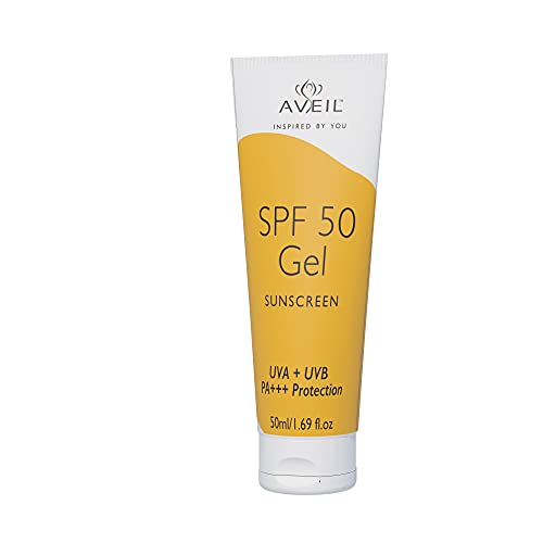 AVEIL SPF 50 Gel Sunscreen - 50ml | Dermatologically Tested For All Skin Types | Non-Greasy Non-Absoays | Rejuvenates & Repairs Skin From Photo-Ageing