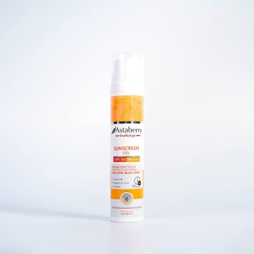 Astaberry Indulge Sunscreen Gel SPF 50 PA+++ |Broad Spectrum protection from UVA/B & Blue Light| SunE & No White Cast | Light Weight & Non Greasy- 50g