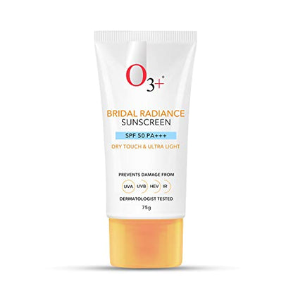 O3+ Bridal Radiance Sunscreen SPF 50 PA +++ Dry Touch & Ultra Light Non-greasy and leaves no white c UVA | UVB | HEV | IR | Dermatologist Tested | 75g