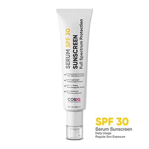 Cos-IQ Daily Use Sunscreen Serum SPF 30 PA++++ Broad Spectrum, 100ml, UVA, UVB and IR Protection, Zee Cast, Ultra Light Weight, Skin Safe, Dewy Finish