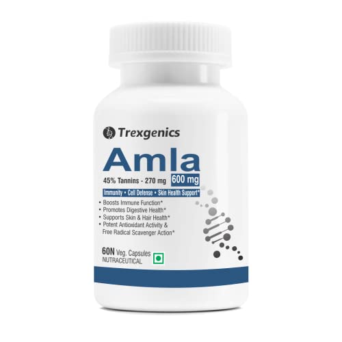 Trexgenics AMLA 45% Tannins 600 mg Immunity, Skin, Hair, Brain Function Support VEGAN & NON-GMO (60 Veg. Capsules)