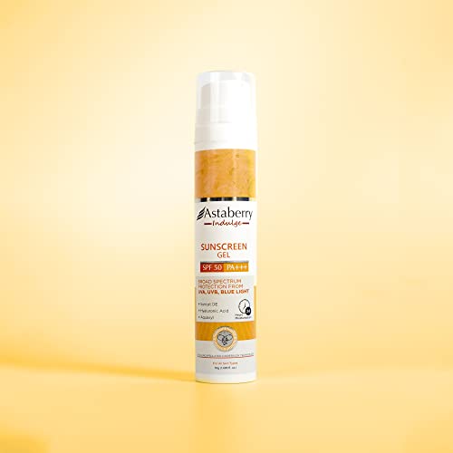 Astaberry Indulge Sunscreen Gel SPF 50 PA+++ |Broad Spectrum protection from UVA/B & Blue Light| SunE & No White Cast | Light Weight & Non Greasy- 50g