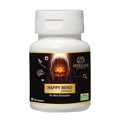 Ayuugain Happy Mind Capsule with Brahmi Bacopa Monnieri, Shankhpushpi, Ashwagandha, Vacha & More – 60 Veg. Capsules