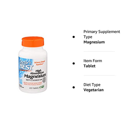 Doctor'S Best High Absorption Chelated Magnesium - 100 Mg, 120 Tablets