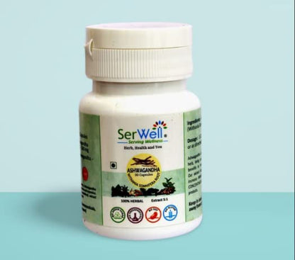 SerWell Pure Herbal Ashwagandha Extract 5:1 | 500Mg | 30 Vegetarian Capsules | Pack Of 1 | White