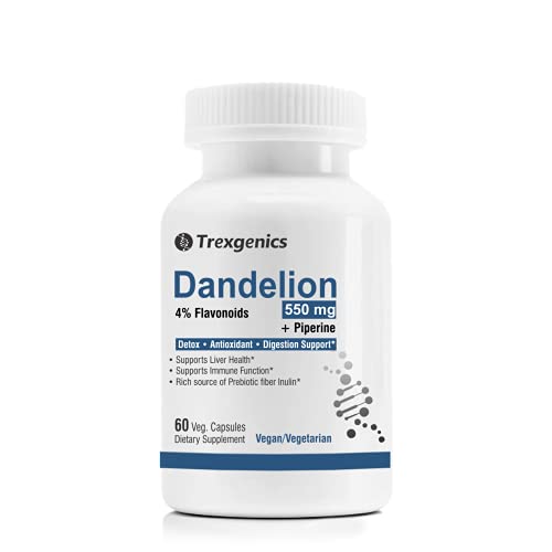 Trexgenics Dandelion 550mg with Bio-enhancer Piperine 5mg Liver Function, Dextox, Antioxidant, Digestion (60 Vcaps)