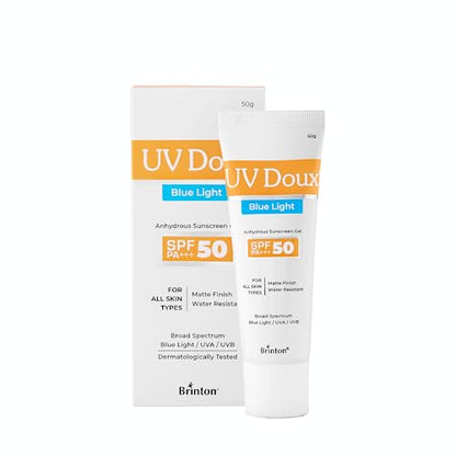 Brinton UV Doux Blue Light Sunscreen Protection Gel SPF 50 PA+++ UVA/ UVB for Men & Women | Matte Finish & Water Resistant | For All Skin Types, 50g