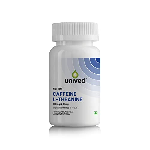 Unived Natural Caffeine L-Theanine Capsules (100mg/200mg), for Energy & Focus, Nootropic, 60 Vegan Capsules