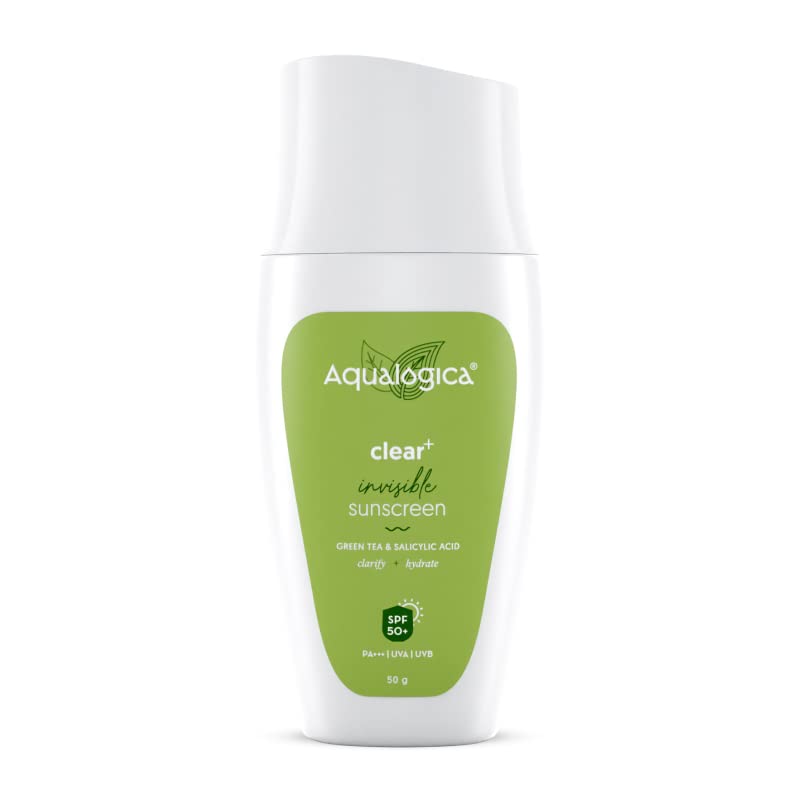 Aqualogica Clear+ Invisible SPF 50 PA+++ Sunscreen with Green Tea & Salicylic Acid - UVA & UVB Sun Pm for Women & Men - Clarifies & Hydrates Skin -50g