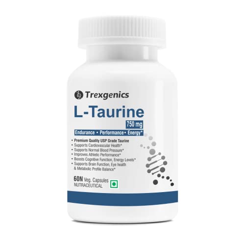 Trexgenics® L-TAURINE 750 mg Nervous System, Energy, Heart, Cardiovascular system, Brain, Eye Health Support (60 Vcaps) (Pack of 1)