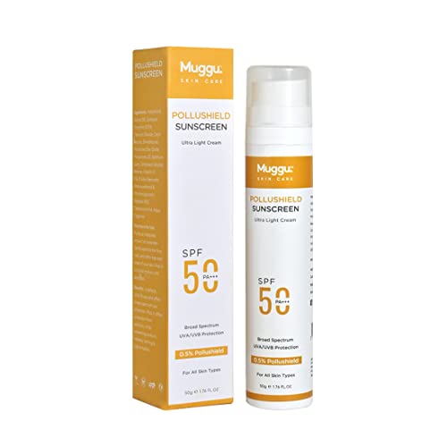 Muggu Skincare Pollushield SPF 50 PA+++ Sunscreen with 0.5% Pollushield | UVA/UVB Sun Protection | Uight Weight Matte Sunscreen for Men & Women - 50gm