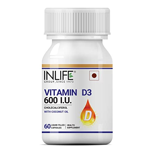 INLIFE Vitamin D3 600 IU Cholecalciferol Supplement with Coconut Oil for Better Immunity, Bone Health, Muscles - 60 Caps