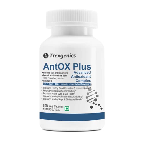 Trexgenics® ANTOX PLUS Bilberry 25% 200 mg, Pine bark 90% 200 mg & Vitamin C Advanced Antioxidant cot, Eyes, Skin, Immunity, Metabolism (60 Vcaps) (1)