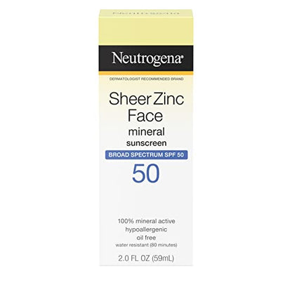 Neutrogena Sheer Zinc Oxide Dry-Touch Face Sunscreen with Broad Spectrum SPF 50, Oil-Free, Non-Comedogenic & Non-Greasy Mineral Sunscreen, 2 fl. oz