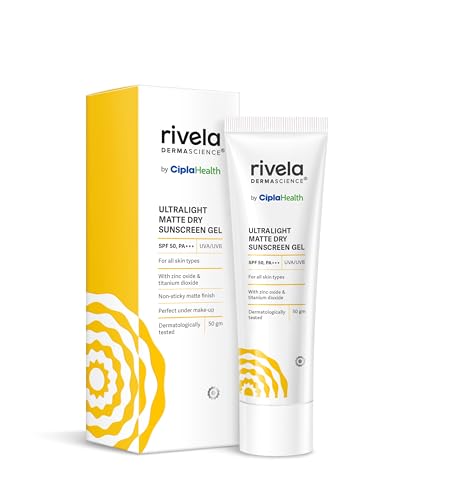 Rivela Dermascience By Cipla Ultralight Matte Sunscreen Gel | SPF 50, PA+++ | With Zinc Oxide | No Won-Sticky Finish | For Normal to Oily Skin | 50 gm