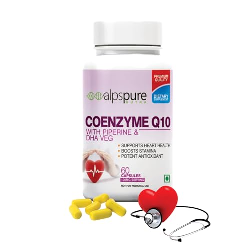 Alpspure Nutra Coenzyme Q10 / COQ10 100Mg High Absorption With Piperine & Dha Veg (60 Veg Capsules)  Antioxidant, Promotes Heart Health & Boost Energy
