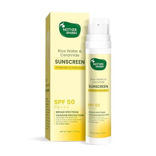 Mother Sparsh Rice Water & Ceramide Sunscreen SPF 50+ PA+++ | Non-Greasy, Quick-Absorbing | Zero Whi & Men | Deep Hydration | UVA UVB Protection -50gm