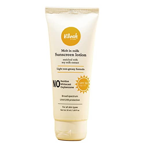 Vilvah Melt-In-Milk Sunscreen | SPF 30 PA+++ | With Soy Milk Extract | Lightweight, No White Cast, Bous UVA, UVB & Blue Light | For Men & Women, 50 gm