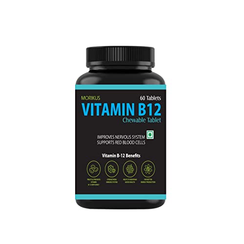Morikus Vitamin B12 with Active form of Methyl Cobalamin with Folic Acid+Vitamin B6 in Strawberry flrain Cells & Nerve Tissue Support - 60 Veg Tablets