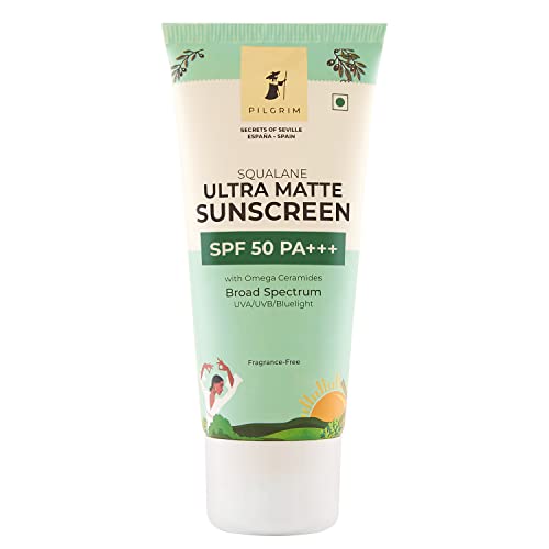 Pilgrim Squalane ULTRA MATTE SUNSCREEN SPF 50 PA+++ for women & men with Omega Ceramides & Vitamin ENon-greasy, No white cast | All skin types | 50 gm