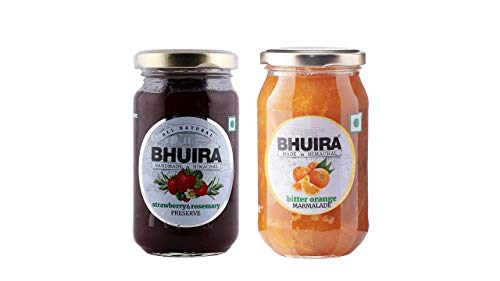 Bhuira All Natural Jam Strawberry & Rosemary Preserve and Bitter Orange Marmalade -240g | No preservatives |No Artifical Color | Pack of 2