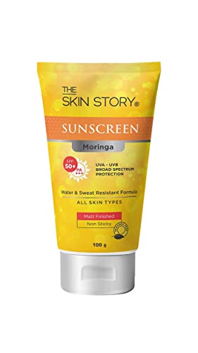 The Skin Story Moringa Sunscreen SPF 50 | Broad Spectrum UVA & UVB Protection | Anti-Aging Formula w Water & Sweat Resistant | for All Skin Types 100g