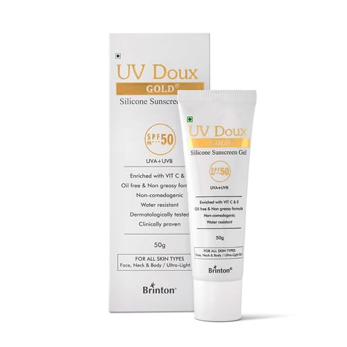 Brinton UV Doux Gold Silicone Sunscreen Gel SPF 50 PA+++ Enriched With Vitamin C & E | Water ResistaUVB With Broad Spectrum | For All Skin Types, 50 g