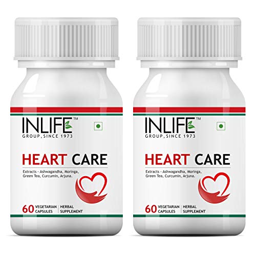 INLIFE Heart Care Supplement, Arjuna,Moringa,Ashwagandha,Green Tea,Curcumin - 60 Veg Capsules (Pack of 2)