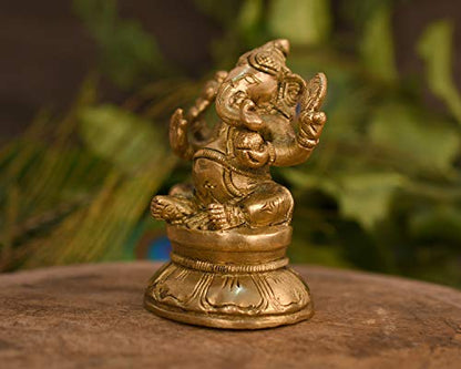 Collectible India Brass Lord Ganesha Statue murti God Ganesh Ganpati Sitting Idol Sculpture Good Luck & Success(Size: 3 x 2.5 Inches)