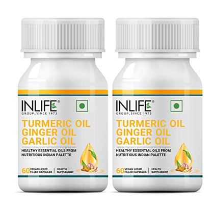 INLIFE Turmeric Oil Ginger Oil Garlic Oil Capsule, Faster Absorption than Extract, Immunity Boosters– 60 Liquid Filled Vegetarian Capsules (Pack of 2)